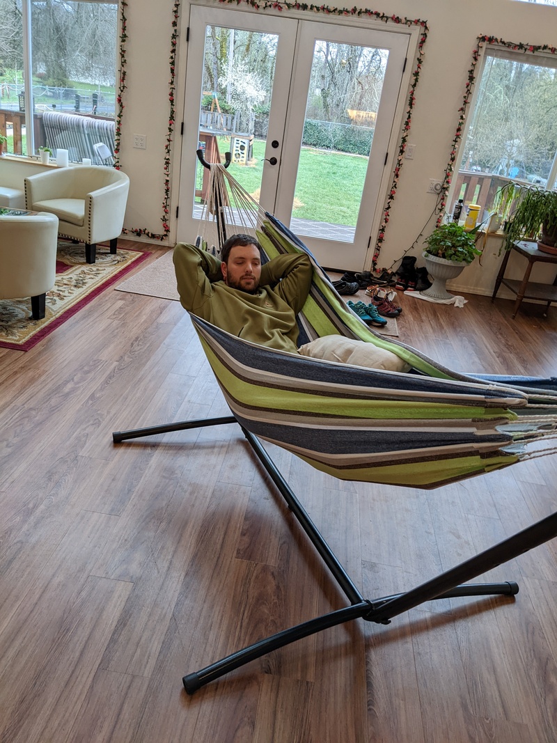 Sam relaxing in the hammock.