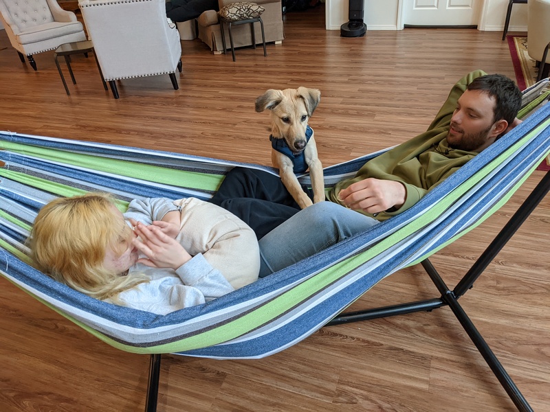 Shannon, Kinako, and Sam relaxing in the hammock.