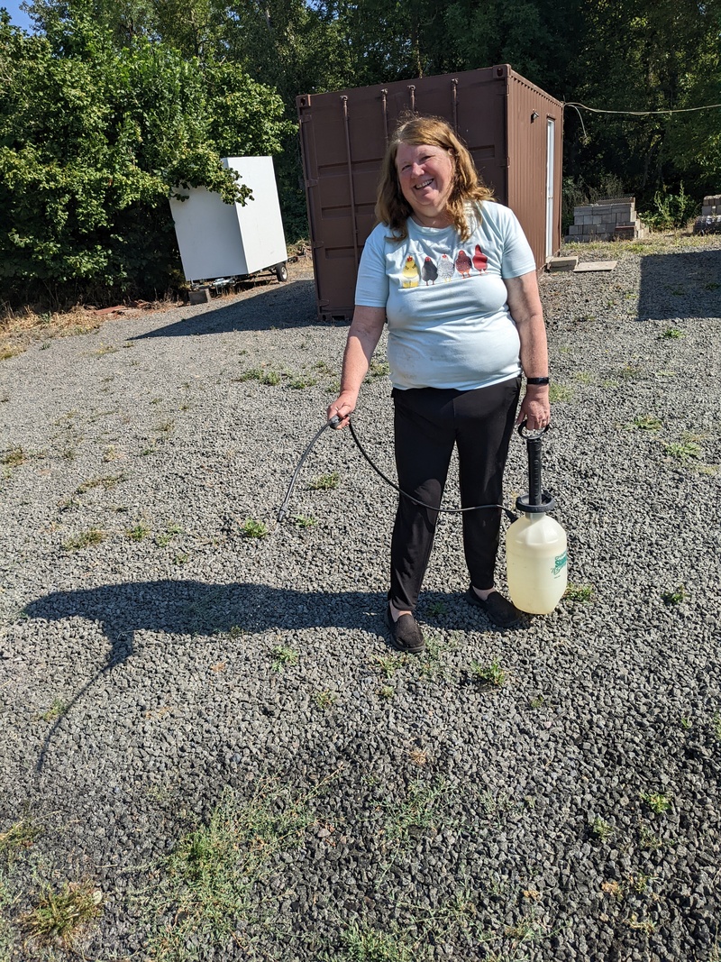 Lois spraying for weeds.