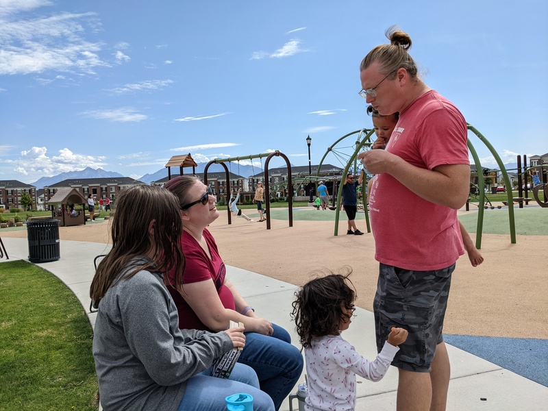 Emily, Stacia, and Ben with two girls at Park.