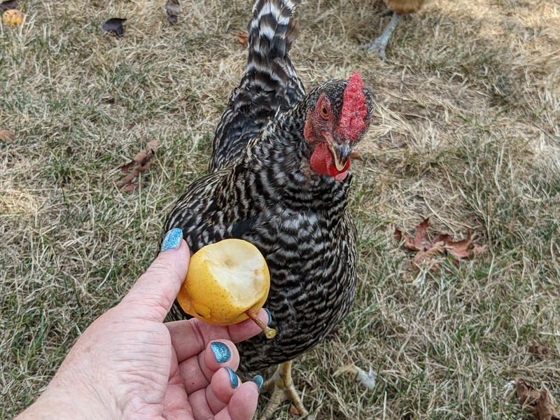 Lois enticing Dominique with an Asian pear.