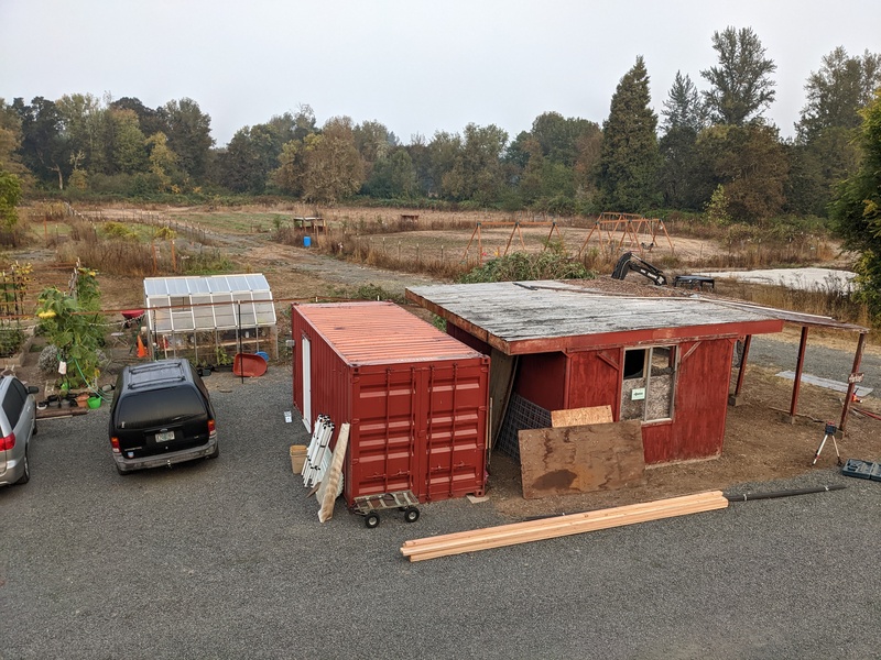 Red shed from rm7 balcony, after tree removal, before concrete.