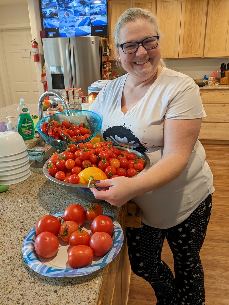 Larissa went and hauled a bunch of tomatoes in so we could just walk by and eat them.