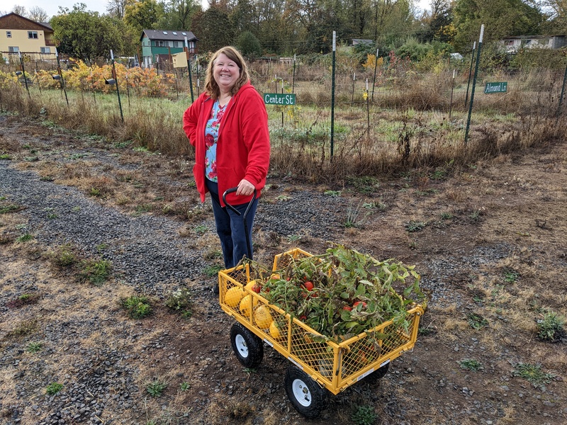 Lois with a wagon load of produce.