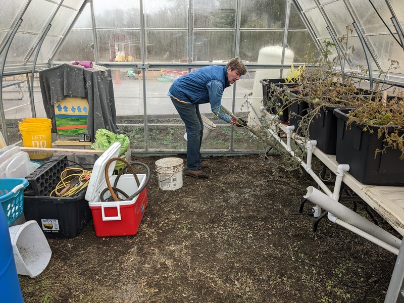 Laura cleaning the greenhouse.