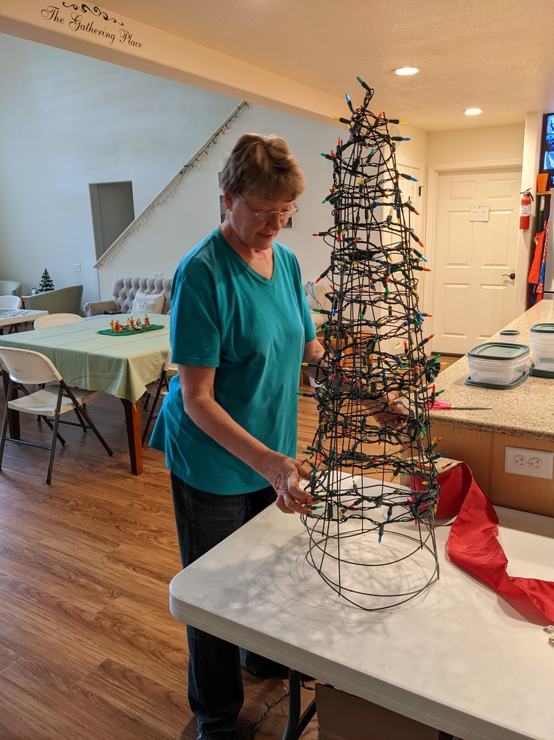 Laura built a Christmas tree out of tomato cages.