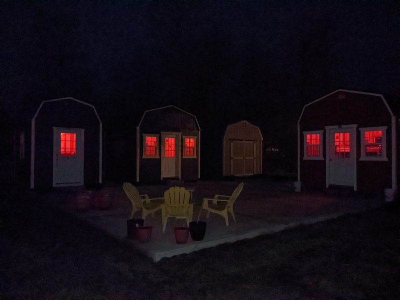 Nordic Plaza at night; lanterns set to red.