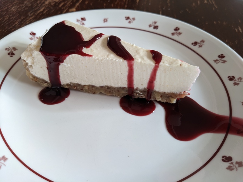 Allulose elderberry sauce over Joseph's rare cheesecake.