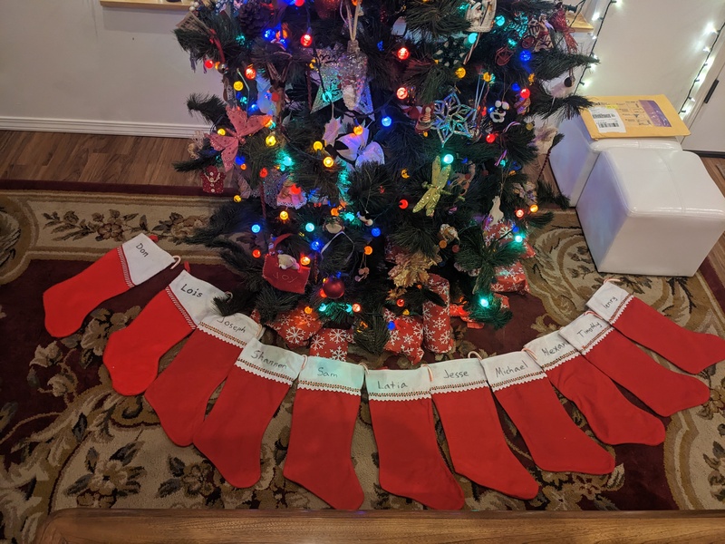 Stockings arrayed under the Christmas Tree.