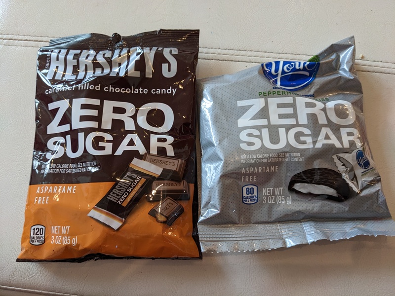 Lois got Hershey's Zero Sugar chocolates and Zero Sugar peppermint patties.