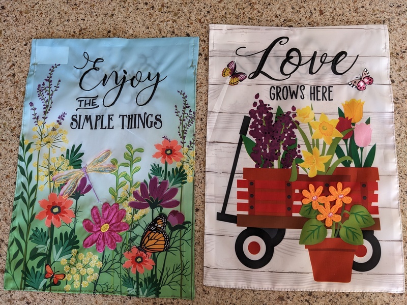 Garden Flags: Enjoy the Simple Things; Love Grows Here.