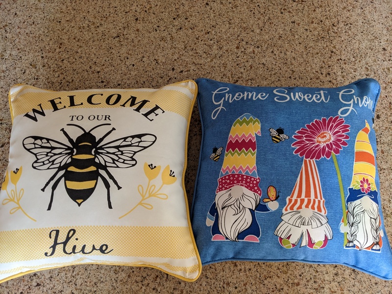 Pillows: Welcome to our Hive; Gnome Sweet Gnome.