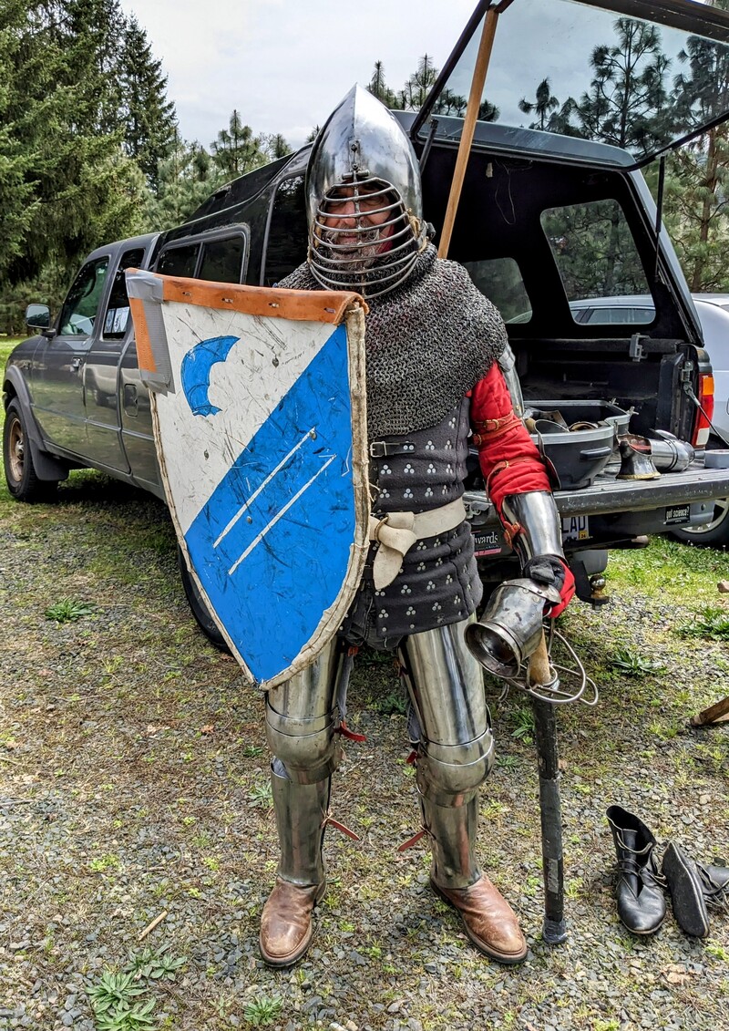 SCA Pleasant Hill, Duke James with all his armor on and ready to fight. He is wearing a totally amazing chest shield on underneath.