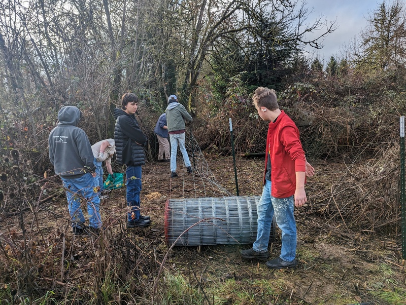 Timmy, Alex, missionaries, Caleband Joseph work on the fence.