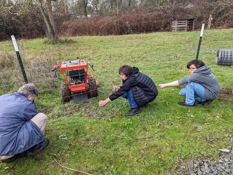 Joseph is attaching the fence while Alex and Timmy tighten it.