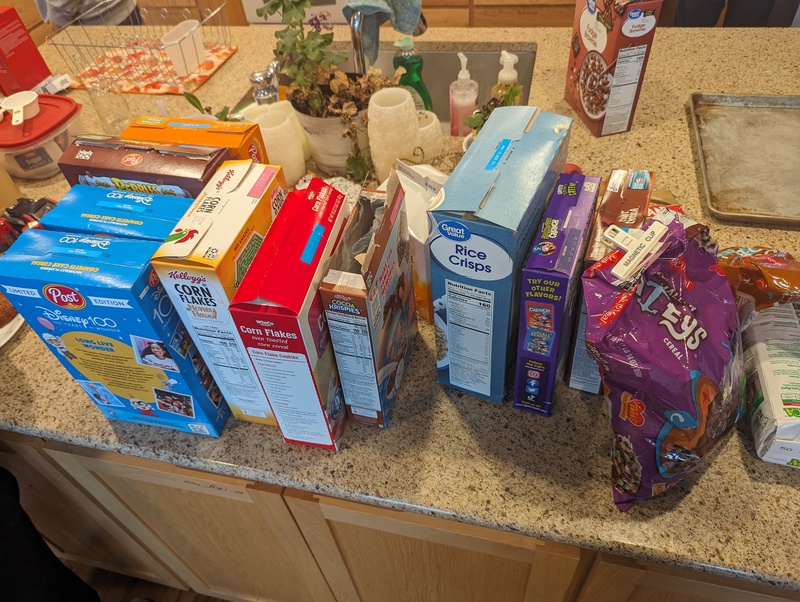 It is good we have a lot of dry cereal for company. It goes well with the two gallons of milk Joseph bought yesterday.