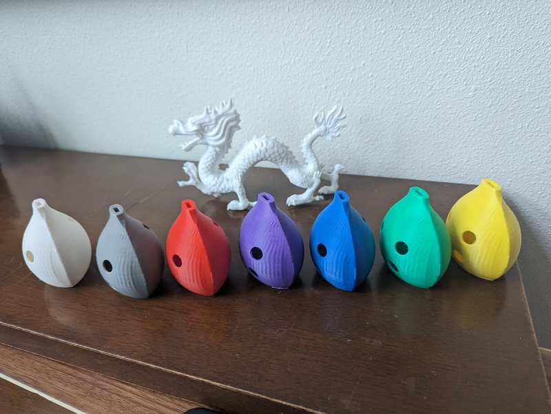 Don got seven ocarina made in family colors for the reunion. Two more colors are on their way here.