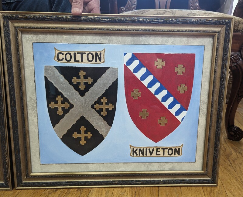 Colton and Kniveton coats of arms painted by Larry Colton.