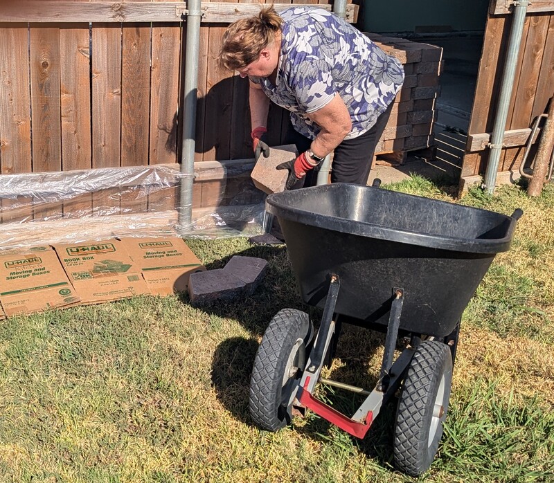 Lois laid down cardboard to help block the grass. Then she laid down bricks for the edging.