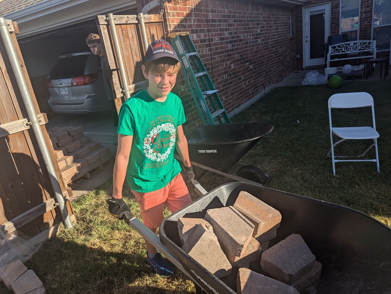 We had two wheelbarrow to move bricks and dirt.