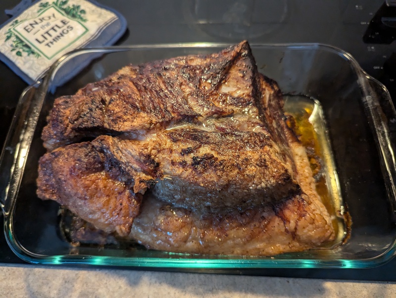 Lois cooked brisket in the oven.  She had to cut it in half so it would fit.