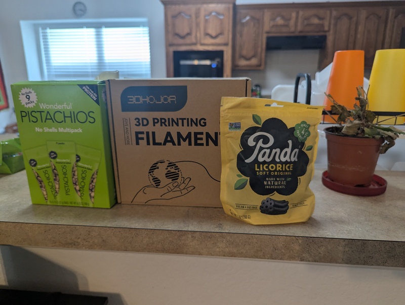 Birthday gifts to Don: No Shell Pistachios, 3D Filament, Black Licorice.