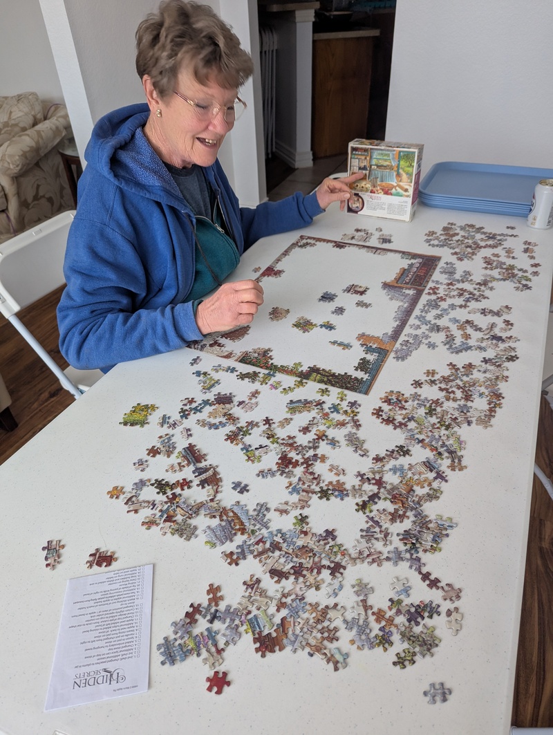Laura working on a hidden pieces puzzle.