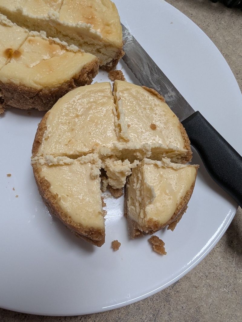 Don tested the cheesecake. Just a tiny sliver. And then tested it some more. And then tested it some more.
