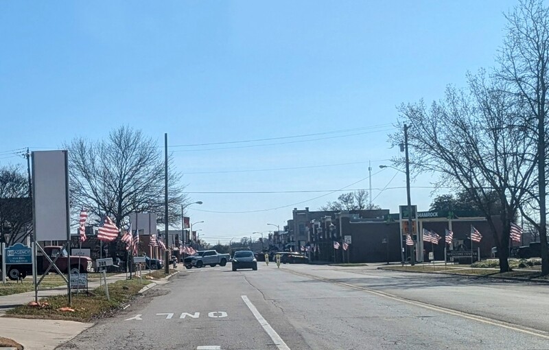 Ballard Street in Wylie with American flags for Presidents Day.