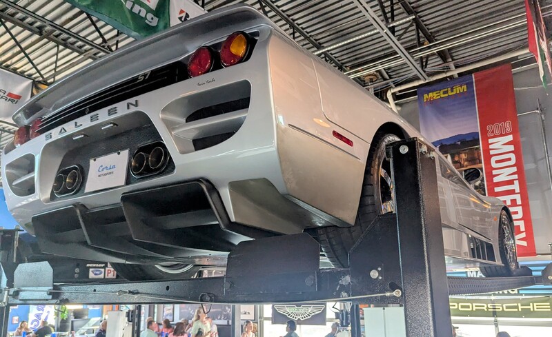 A car up on the rack.