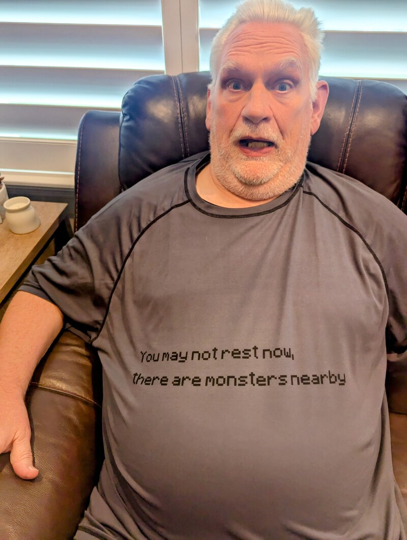 Don in his new Minecraft shirt: You may not rest now, there are monsters nearby.