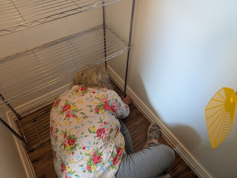 Lois balances the Guest Closet wire frame shelving.