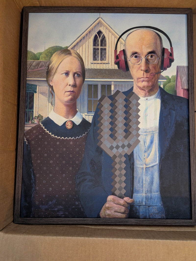 Stacia sent American Gothic with headphones and Minecraft Trident to amuse us.