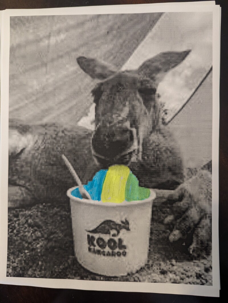 Lois made a printout for the local elementary faculty and staff tour through the neighborhood. We are serving shave ice. Kangaroo is the school mascot.