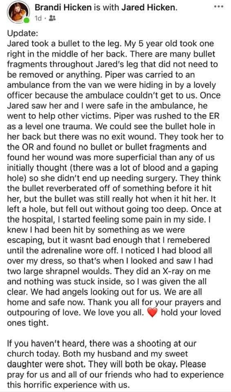 I was impressed by this story. The brother lives in Texas near us. Jared the husband in this story is a fourth year emergency student and kept helping at the church after he was shot in the leg. When he got to the hospital he treated himself.