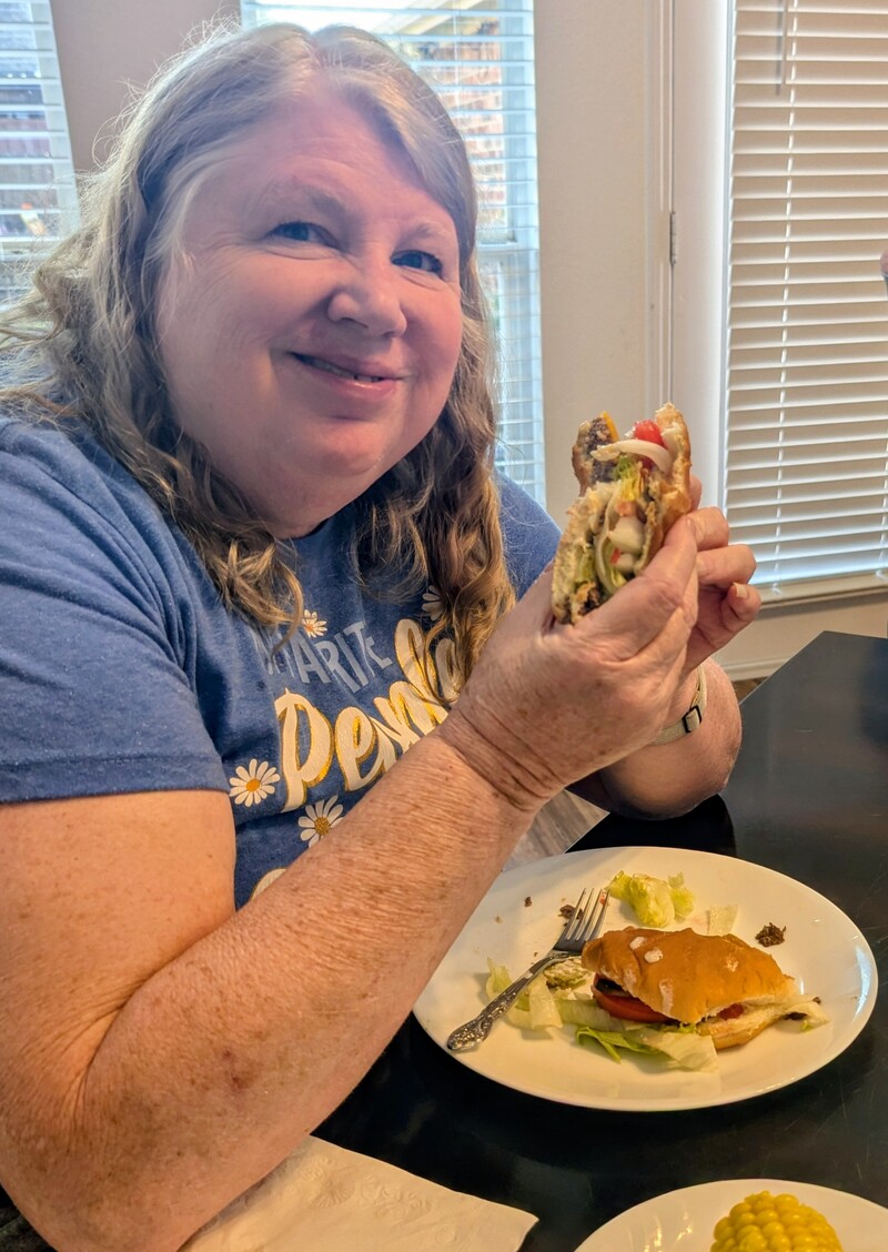 Eating burgers with the missionaries.