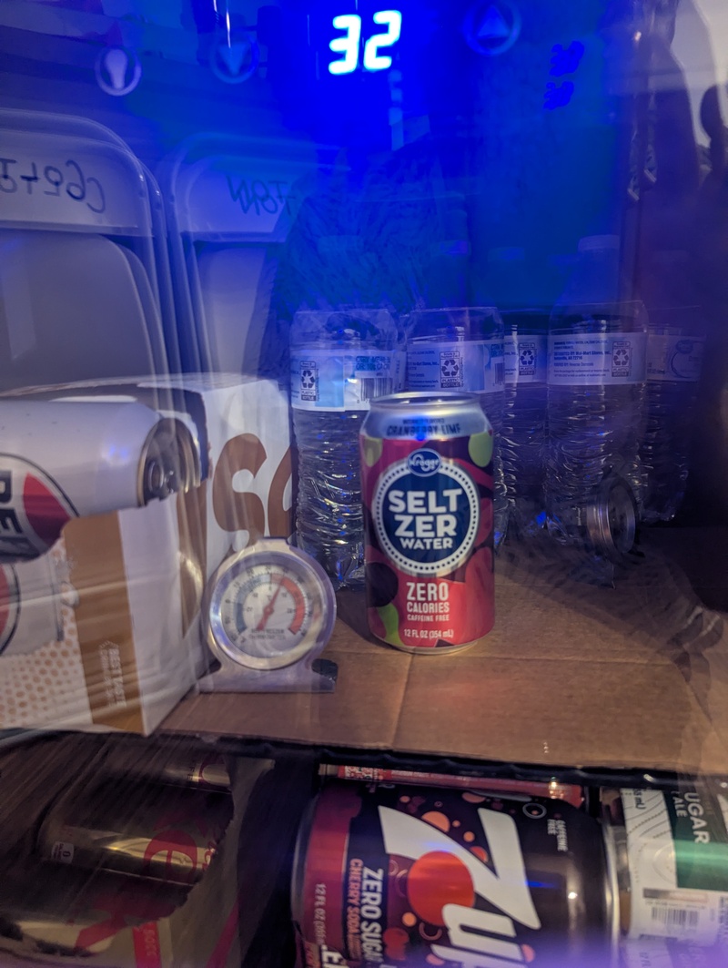 New fridge for drinks. Actual temperature is about 40F. But the fridge thinks it is 32F. So the fridge sensor seems to be malfunctioning.