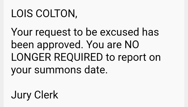 I am so excited about no jury duty in Texas or Oregon. ,😁