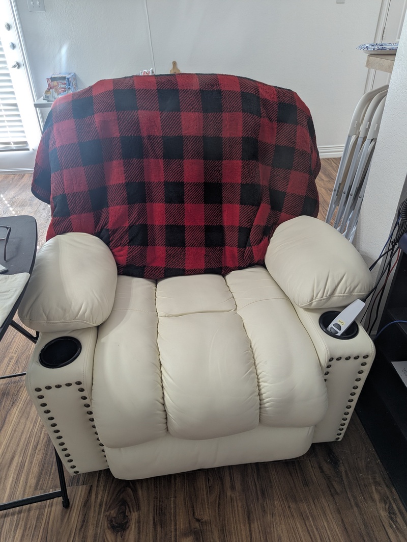 Don has adopted a nice fleecy blanket at his recliner for times his body is not thermo-regulating adequately.