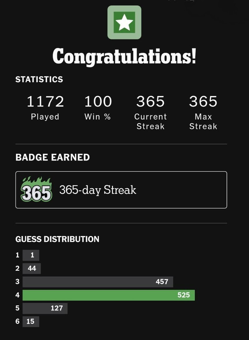 Wordle achievement: solved 365 days in a row.