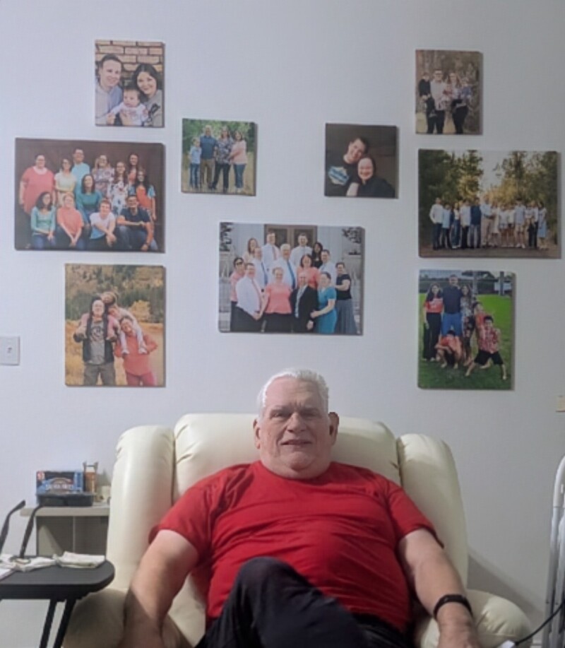 Family Collage forms a halo around Don. Or maybe Moose Antlers?