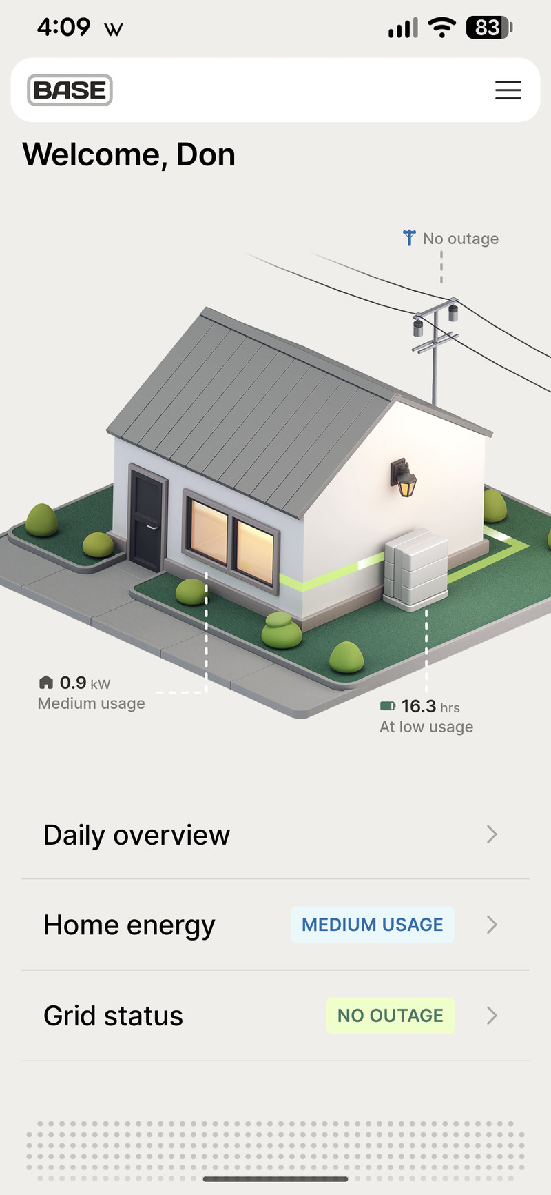 Base Power cell phone app Home Screen