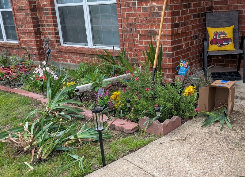 Lois took out the white Siberian? Iris after it bloomed again.  And the new pathway lighting.
