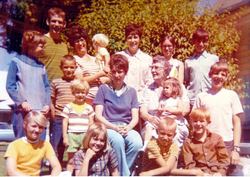 Emma Bowcutt with three daughters and grandchildren.