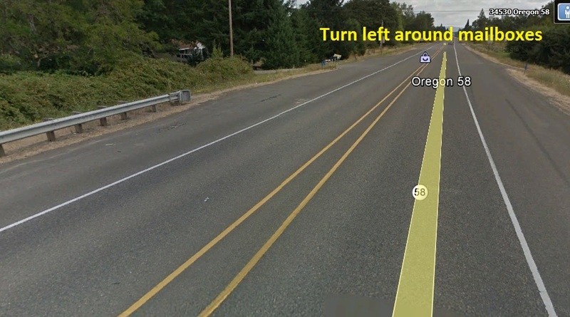 Coming from I-5, when the guardrail ends, turn left just beyond the mailboxes.